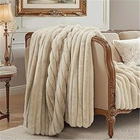 Amelie Home Faux Fur Throw Blanket Soft Fluffy Cozy Plush Sofa Bed Beige - Picture 7 of 7